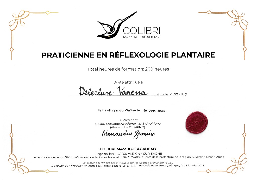 photo diplome Vanessa DELECLUSE Réflexologue plantaire