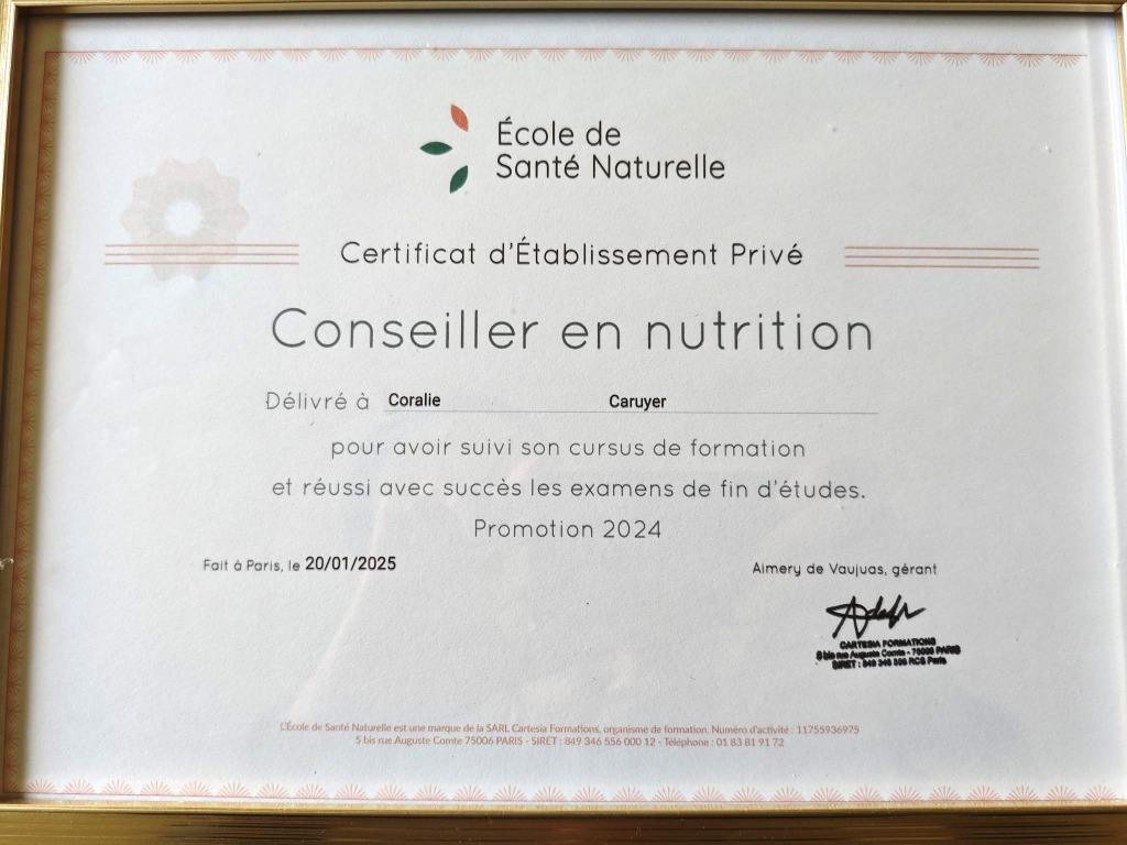 photo diplome Caruyer Coralie - Nutrition&Cooc