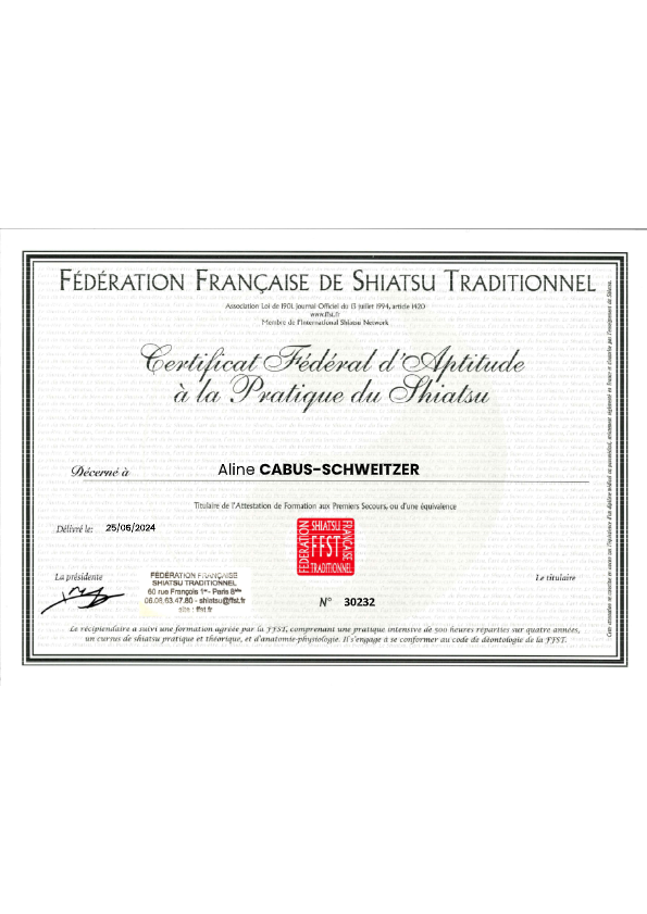 photo diplome Aline Shiatsu
