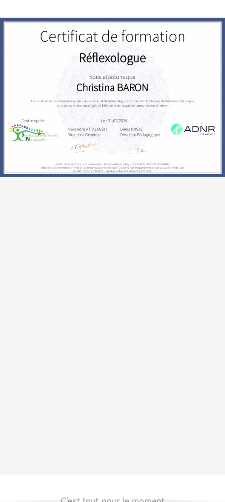 photo diplome Nina Reflexologue 