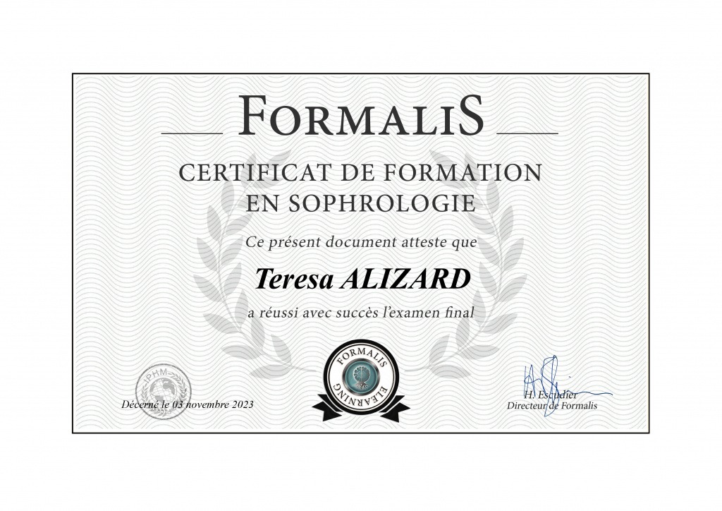 photo diplome TERESA ALIZARD/T.A/TERVESETE INTUITIVE COACHING