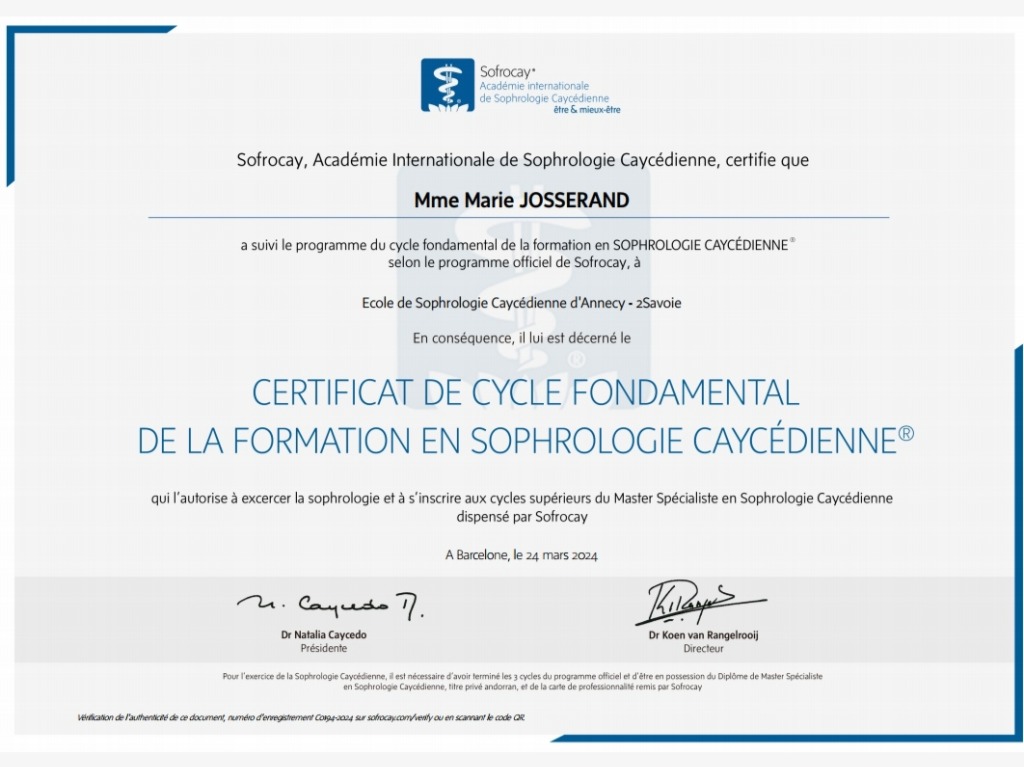 photo diplome Marie Josserand Sophrologue 