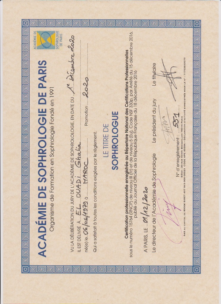 photo diplome Ghalia Sophrologie