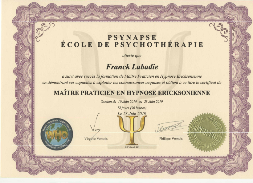 photo diplome FRANCK LABADIE THERAPIES BREVES