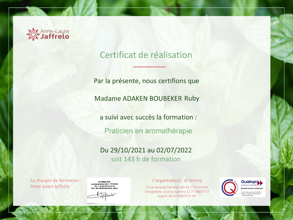 photo diplome Aromathérapie de Ruby