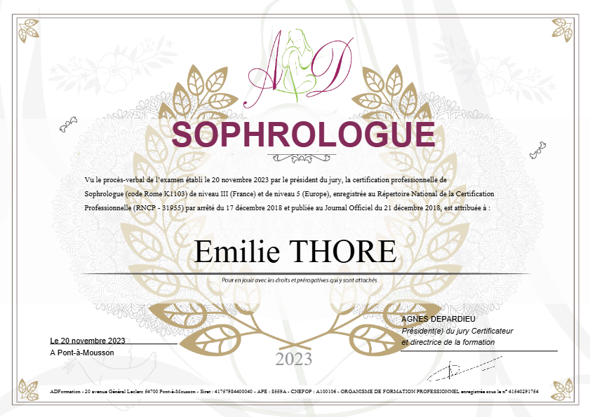 photo diplome Emilie THORE Sophrologue, réflexologue