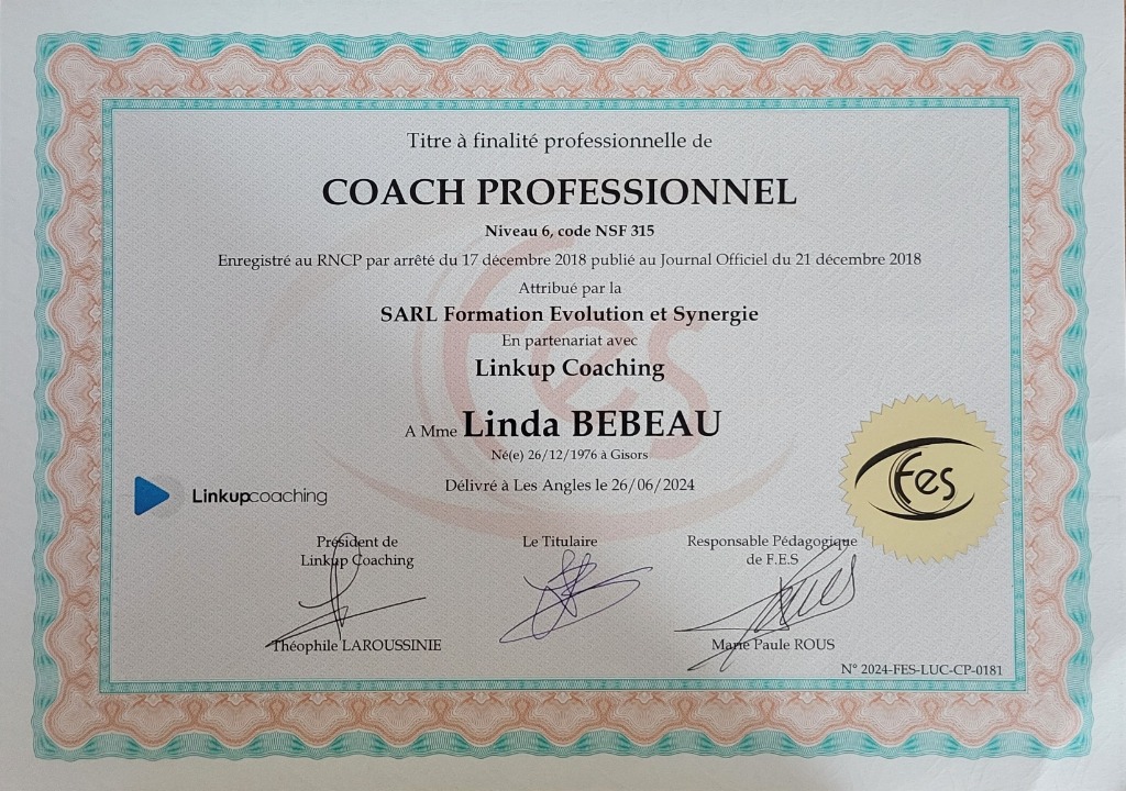 photo diplome Linda Coach Harmonie (Linda Bébeau)