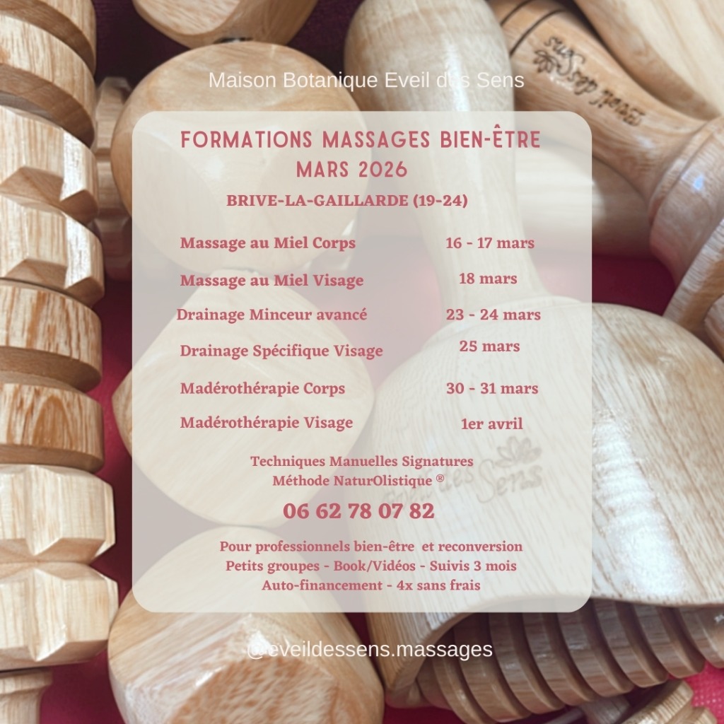 illustration 🌿 Formations professionnelles massages bien-être – Mars 2026 📍 Brive-la-Gaillarde (19–24) – Maison botanique Eveil des Sens