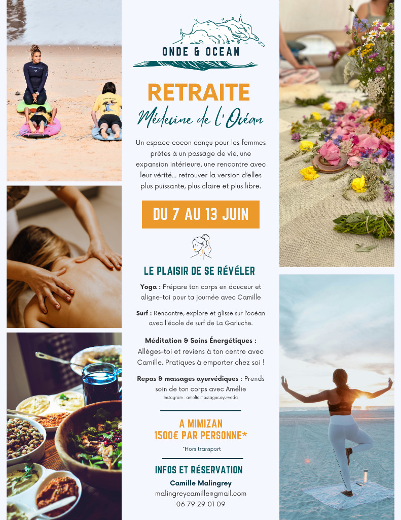 illustration 7 au 13 JUIN 2026  Retraite Médecine de l'Océan SURF MASSAGES YOGA MEDITATION