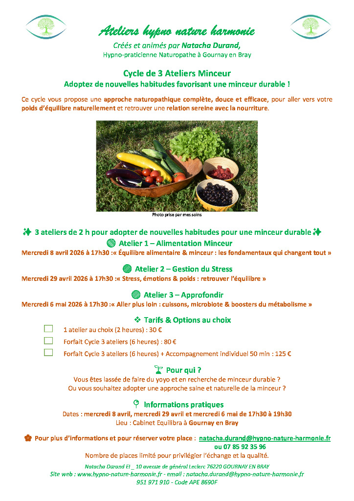 illustration Cycle 3 ateliers minceur : les 8 avril, 29 avril et 6 mai 2026