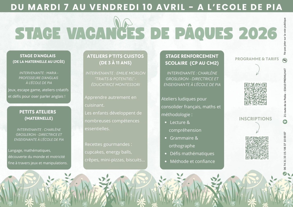 illustration Stage Vacances de Pâques 2026 à l’École de Pia