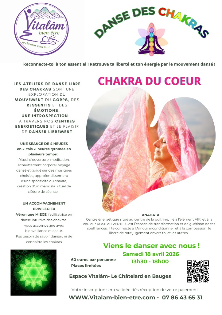 illustration DANSE LIBRE DES CHAKRAS - CHAKRA DU COEUR - Samedi 18 avril 2026 - Espace VITALÂM en Bauges