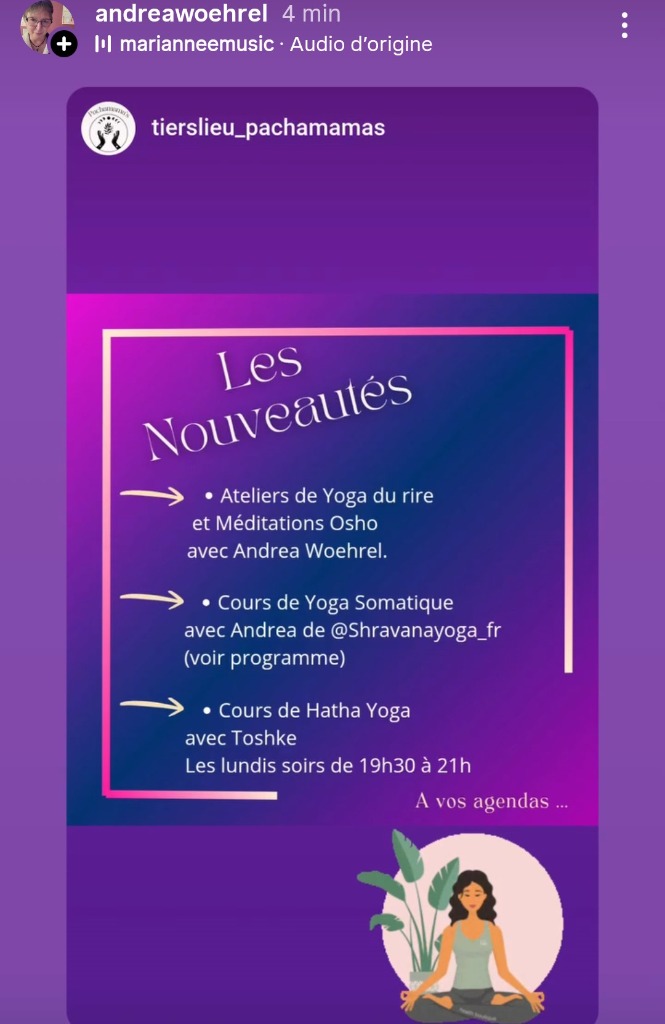 illustration MES ATELIERS DE RIRE ET DE MÉDITATION OSHO À "PACHAMAMA'S", STRASBOURG NEUDORF, TRAM D, ARRÊT "ARISTIDE BRIAND"