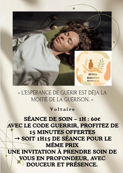 illustration Séance de soin – 1h : 60€ Avec le code GUERRIR, profitez de 15 minutes offertes → soit 1h15