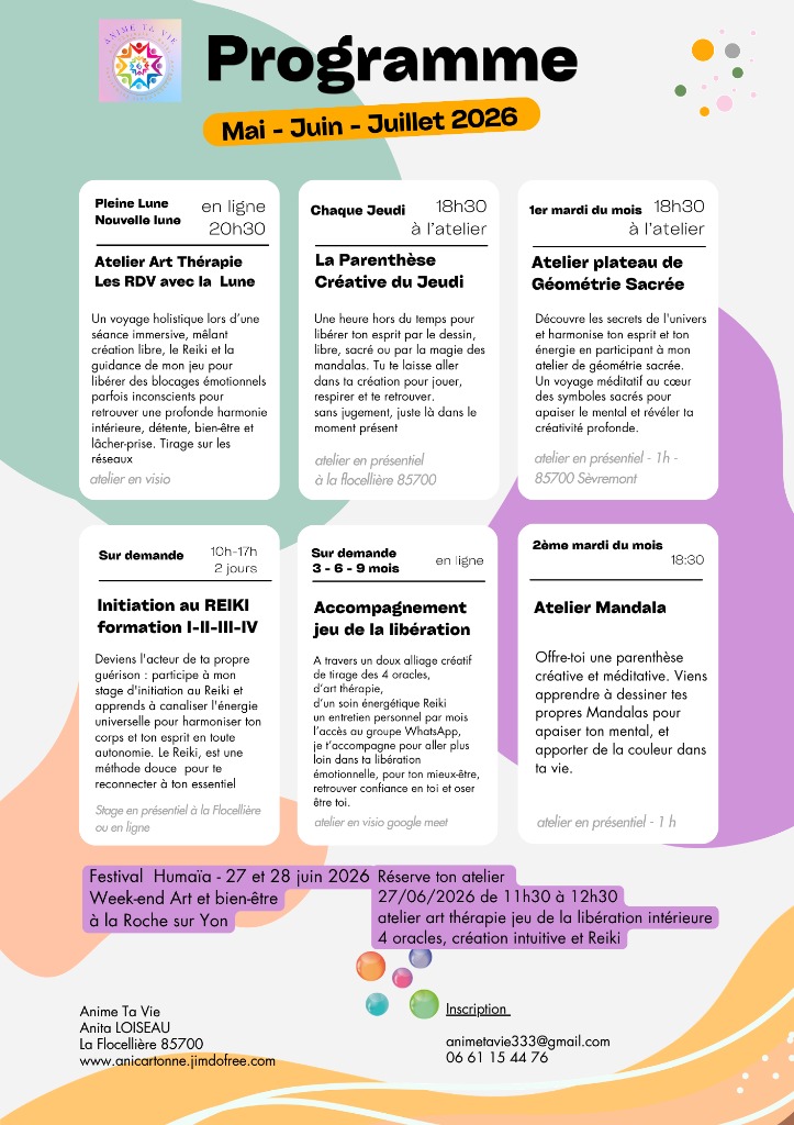 illustration Harmonie & Soins : Programme des ateliers d'Art-Thérapie, formations Reiki et Géométrie Sacrée