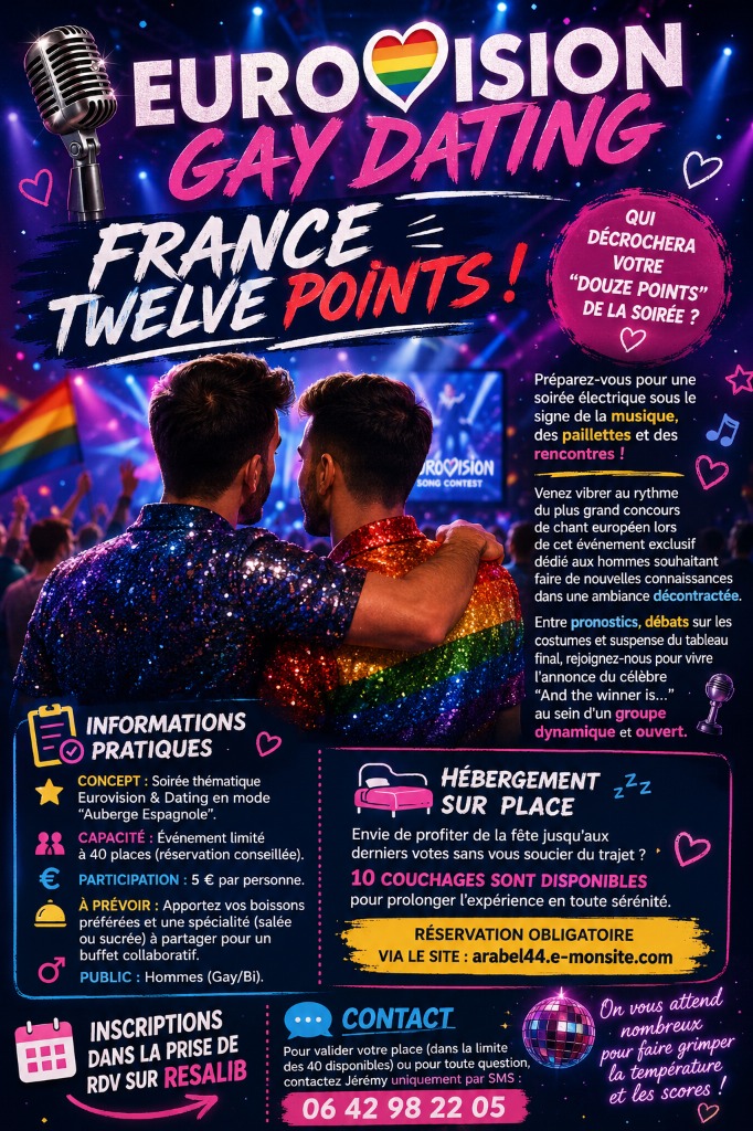 illustration SOIREE EUROVISION HOMME NATURISTE GAY DATING SAMEDI 16 MAI 2026 DES 19H30