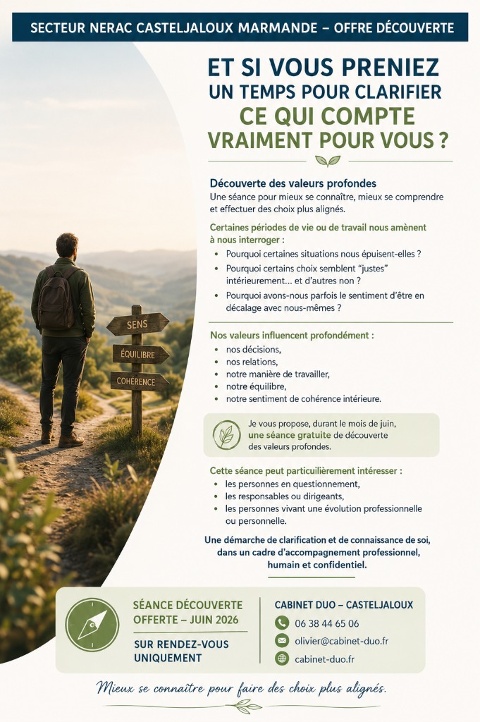 illustration SECTEUR NERAC, CASTELJALOUX, MARMANDE : DECOUVREZ VOS VALEURS PROFONDES