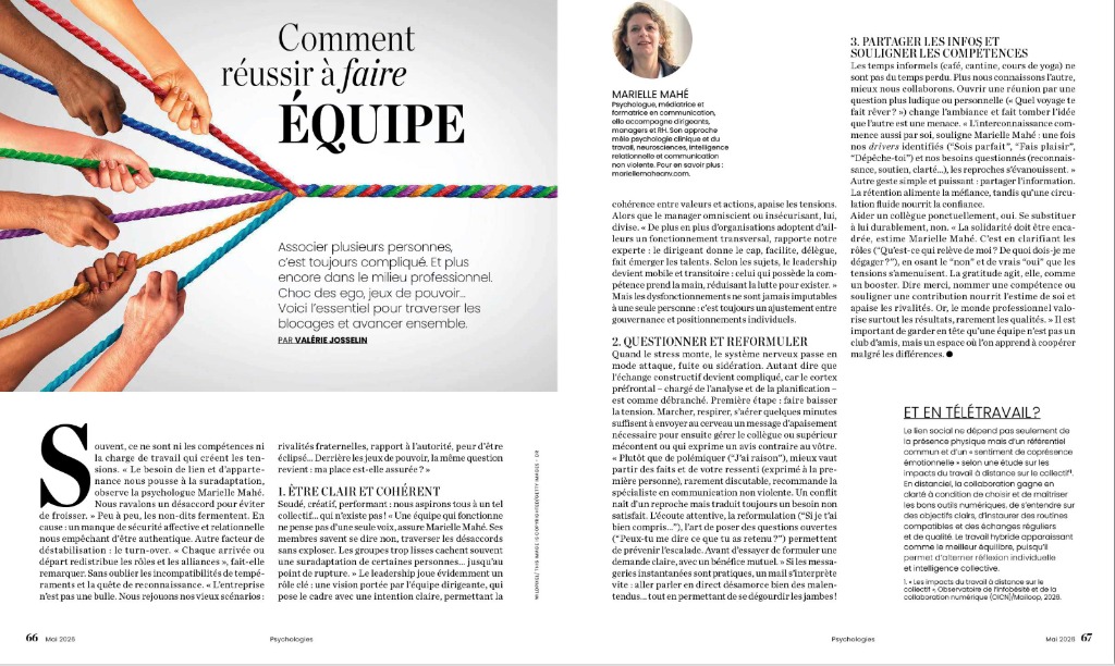 illustration Au coté de Marine Léonardi, psychologie magasine parle travail d'équipe!